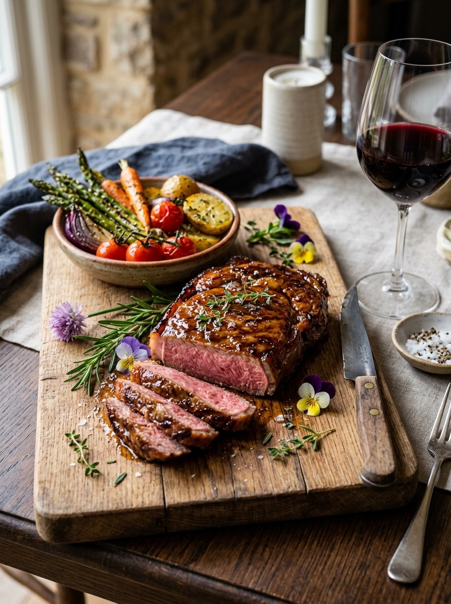 Honey-glazed steak on a cutting board, garnished with herbs and sides of roasted vegetables and wine.